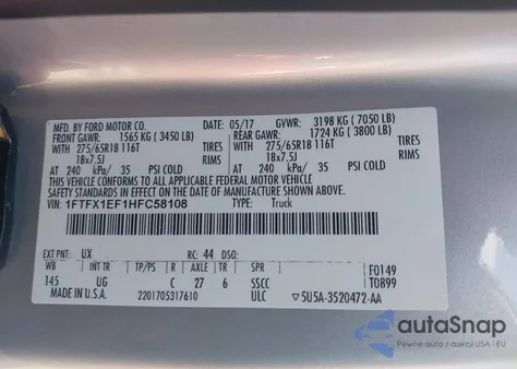 2017 Ford F-150 Xlt z USA, uszkodzony, nr VIN 1FTFX1EF1HFC58108